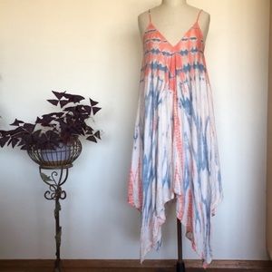 Handkerchief dress, tie dye, soft cotton knit, beach coverup, orange and blue, S